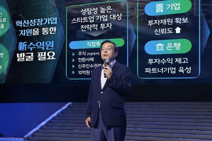우리은행이 혁신성장 기업을 육성하고 일자리 창출을 지원하기 위해 앞으로 3년간 3조원 규모의 혁신성장펀드를 조성한다. 사진은 손태승 우리은행장(사진)이 지난 7월 ‘2018년 하반기 우리은행 경영전략회의’에서 혁신성장기업 육성정책을 발표하는 모습.