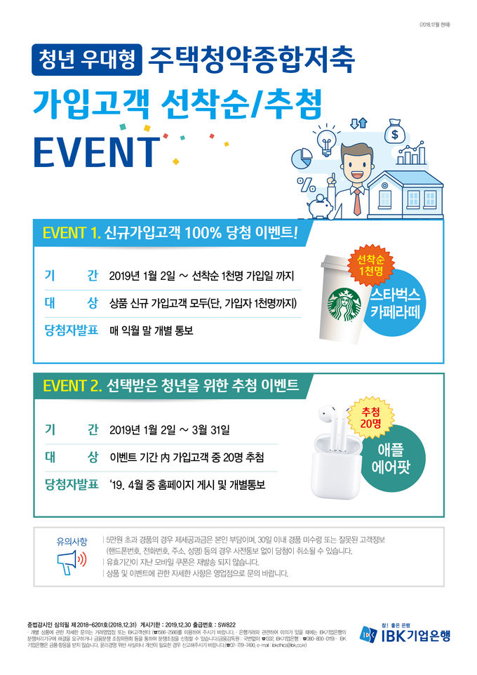 IBK기업은행은 ‘청년 우대형 주택청약종합저축’의 가입대상 확대를 기념해 오는 3월 31일까지 가입고객을 대상으로 이벤트를 실시한다고 9일 밝혔다.