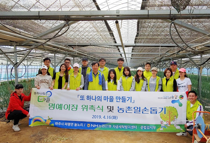 금융소비자보호부문 직원들이 파주시 눌노리마을에서 농촌일손돕기를 실시하고 기념사진을 촬영하고 있다.