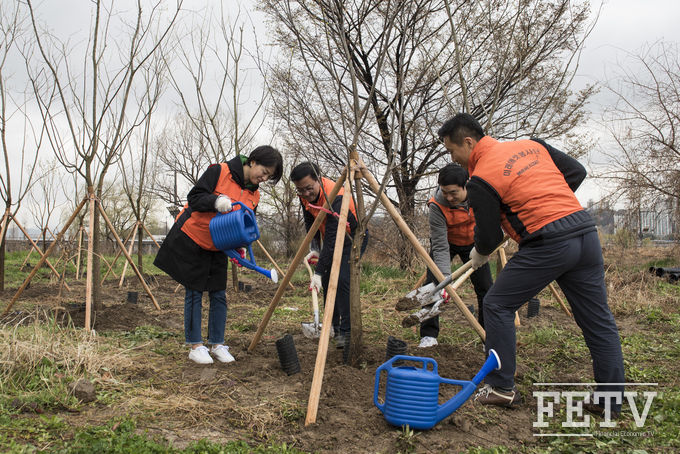미래에셋생명 임직원 봉사단 50여명이 서울 용산구 이촌 한강공원에서 ‘한강에 숲을 선물합니다’ 봉사에 참여하고 있다. (사진=미래에셋생명)