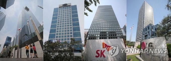 (왼쪽부터) 서초동 삼성전자 사옥, 양재동 현대자동차 본사, 서린동 SK, 여의도 LG 본사 건물. 사진=연합뉴스