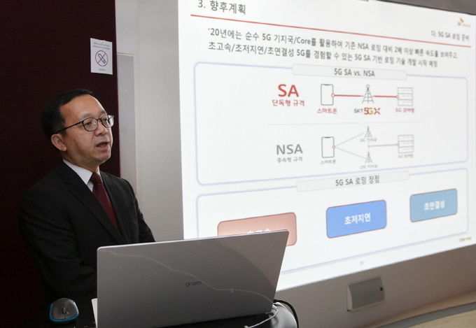 김남호 SK텔레콤 로밍사업팀장이 15일(현지시간) 스위스 취리히 스위스콤 사옥에서 ‘2020년 로밍 사업계획’을 소개하고 있다. 사진=SK텔레콤