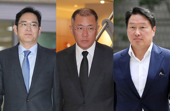 (왼쪽부터) 이재용 삼성전자 부회장, 정의선 현대자동차그룹 수석부회장, 최태원 SK그룹 회장. 사진=연합뉴스