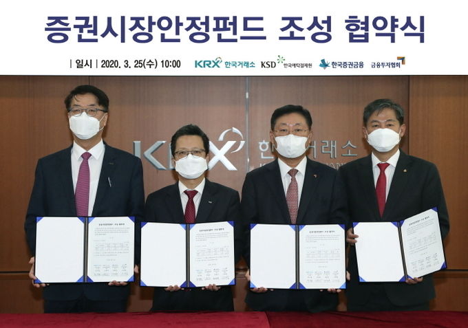 (왼쪽부터)이명호 한국예탁결제원 사장, 정지원 한국거래소 이사장, 나재철 한국금융투자협회 회장, 정완규 한국증권금융 사장. 사진=한국거래소