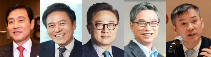 사진 왼쪽부터 김정태 하나금융그룹 회장, 박정호 SK텔레콤 사장, 고동진 삼성전자 사장, 허인 국민은행장, 하현회 LG유플러스 사장