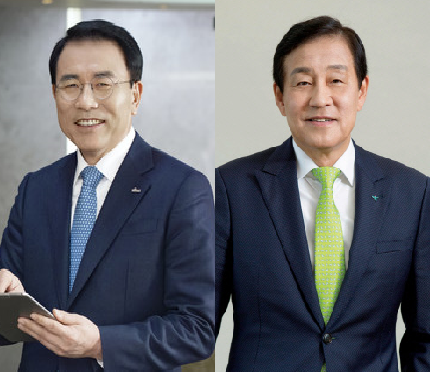 조용병(오른쪽) 신한금융그룹 회장과 김정태 하나금융그룹 회장.