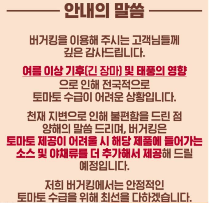 버커킹 홈페이지에 올라온 토마토 수급 관련 공지 