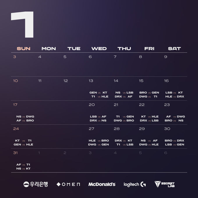 리그오브레전드 챔피언스 코리아가 발표한 20201 LCK 스프링의 1월 대진표