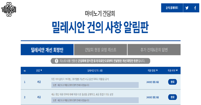 마비노기 공식 홈페이지 내 건의 사항 알림판 (사진 = 넥슨)