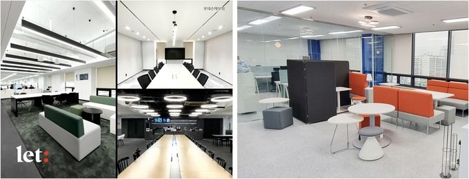 리모델링이 완료된 롯데손해보험 사무공간(왼쪽)과 악사손해보험의 성남 스마트오피스 전경(오른쪽).