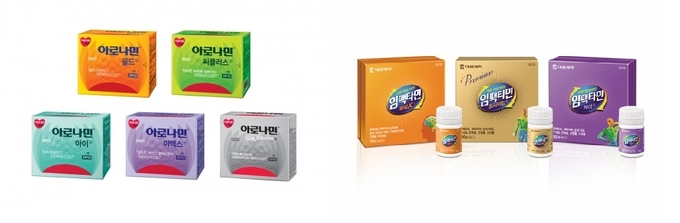 (왼쪽부터) 일동제약 아로나민 시리즈 5종, 대웅제약 임패타민 시리즈 3종(사진= 각 사)