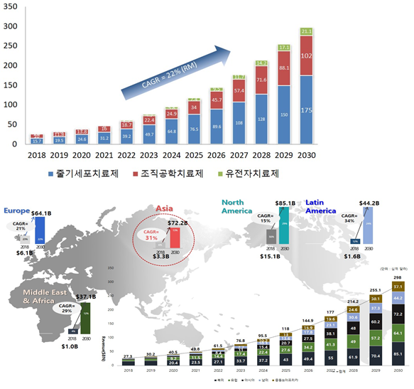 재생의료 2020~2030년 시장전망(자료=비전어게인, 재생의료진흥재단 재정리)