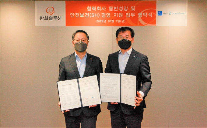 한화솔루션, 협력업체 안전보건평가 업무협약 체결식. 남이현 한화솔루션 대표(좌) 나이스디앤비 강용구 대표((사진=한화솔루션)