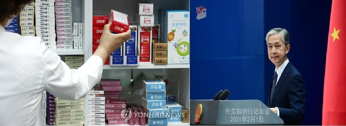 서울의 한 약국모습(왼쪽)과 왕원빈(우측) 중국 외교부 대변인(사진=연합뉴스)