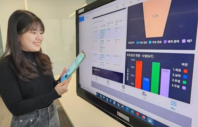 롯데케미칼 직원이 '로켐 포탈'에 접속해 시스템을 사용하고 있다.(사진=롯데케미칼)