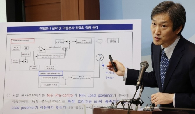 신동열 공정거래위원회 카르텔조사국장이 9일 오전 세종시 정부세종청사에서 독일 승용차 제조사들의 배출가스 저감기술 담합 행위 적발·제재와 관련해 브리핑하고 있다. 사진=연합뉴스