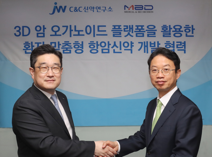 박찬희 C&C신약연구소 대표(사왼쪽)와 구보성 엠비디 대표가 MOU 체결 후 기념촬영을 하고 있다.(사진=JW중외제약)