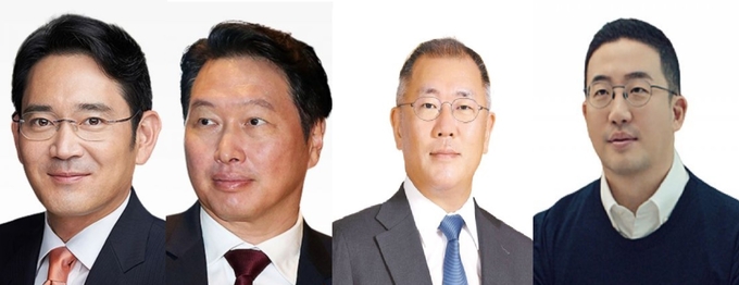 (왼쪽부터)이재용 삼성전자 그룹 회장, 최태원 SK그룹 회장, 정의선 현대차그룹 회장, 구광모 LG그룹 회장. 사진=각 사