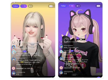 제페토 라이브 화면 예시, 3D 아바타(좌)와 애니메이션 아바타(우) 비교.(사진=네이버제트)