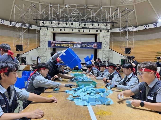 현대중공업 노조가 7일 잠정합의안 찬반투표가 끝난 뒤 개표하고 있다. 사진=현대중공업 노조