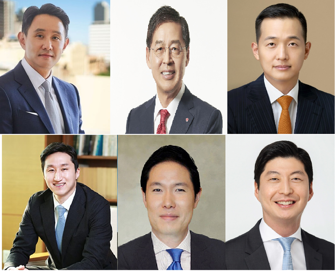 (왼쪽 상단 시계방향) 고려아연 최윤범 회장, LG화학 신학철 부회장, 한화 김동관 부회장, HD현대 정기선 부회장, 효성 조현상 부회장, GS칼텍스 허세홍 사장 순(사진= 각 사)