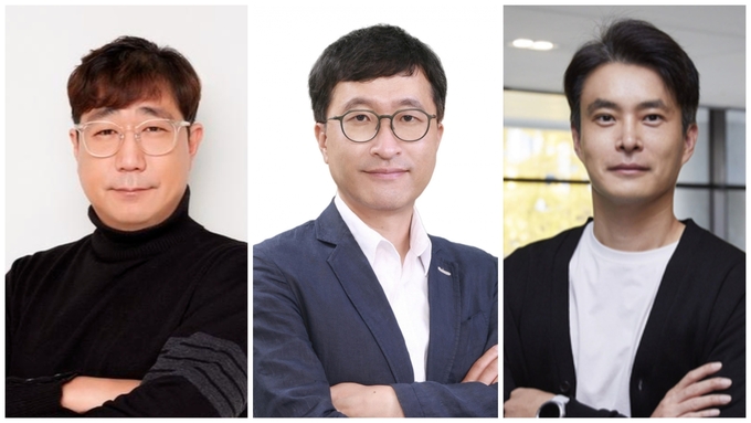 한지훈 게임사업부문장(좌), 남재관 경영전략부문장(중). 김대훤 에이버튼 대표(우)