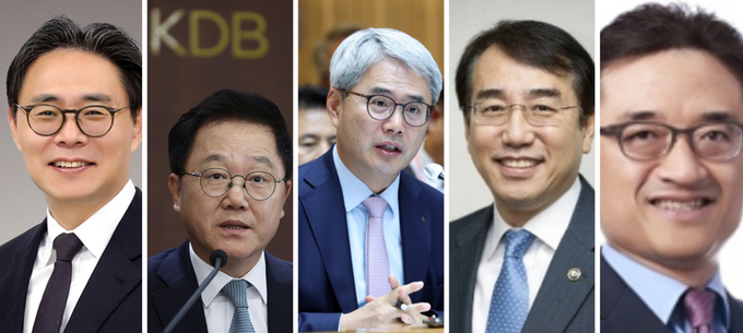 (왼쪽부터) 강민수 국세청장 후보자, 강석훈 KDB산업은행 회장, 윤희성 수출입은행장, 이석준 NH농협금융지주 회장, 김미섭 미래에셋증권 대표이사 부회장