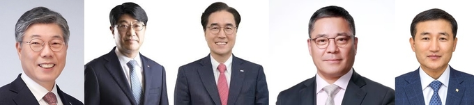 (왼쪽부터) 황병우 DGB금융지주 회장 겸 iM뱅크 은행장, 방성빈 BNK부산은행장, 예경탁 BNK경남은행장, 백종일 전북은행장, 고병일 광주은행장