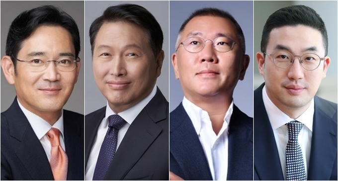 (왼쪽부터) 이재용 삼성전자 회장, 최태원 SK그룹 회장, 정의선 현대차그룹 회장, 구광모 LG그룹 회장