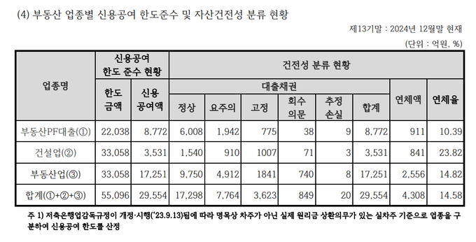 부동산 업종별 신용공여 한도 준수 및 자산건전성 분류 현황