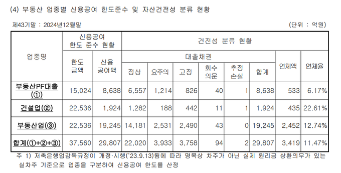 부동산 업종별 신용공여 한도 준수 및 자산건전성 분류 현황